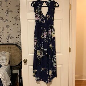 Blue floral high-low plunge dress